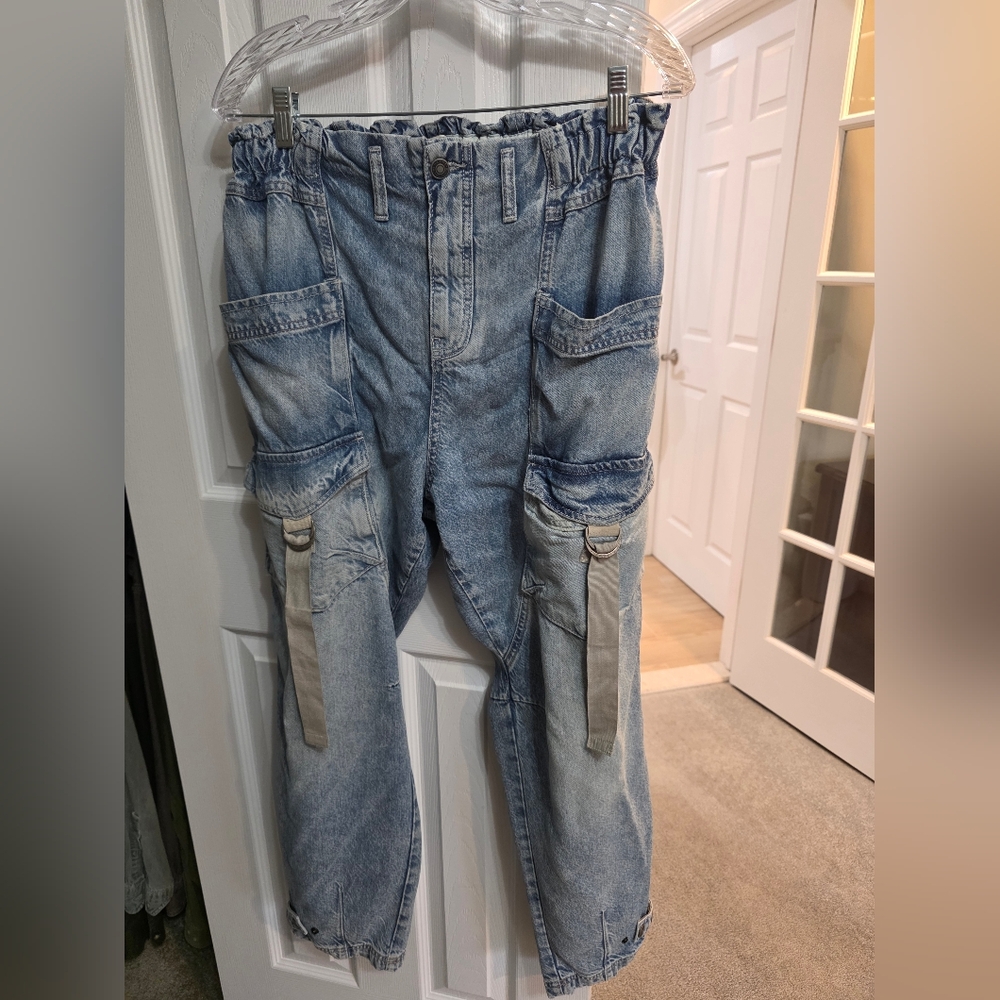 We The Free Light Blue Relaxed Cargo Jeans with Strap Details